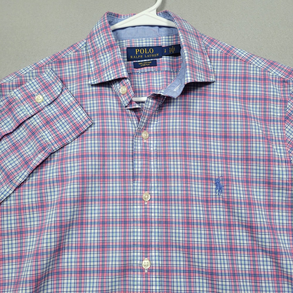 Polo Ralph Lauren Mens Small Pink Blue Plaid Stretch Button Down Shirt